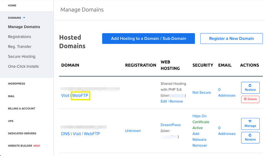 Accessing WebFTP in a DreamHost account.