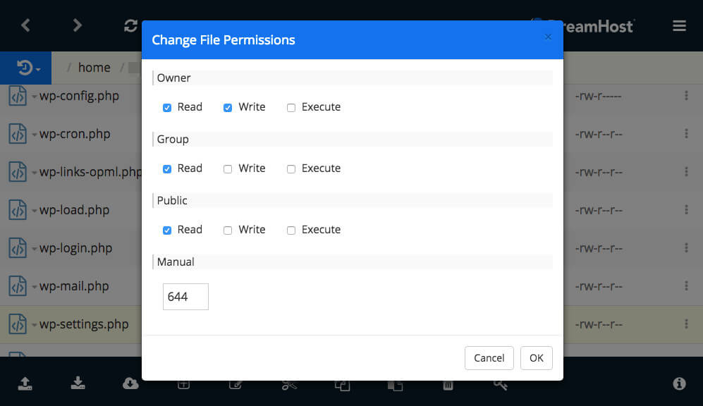 Editing file permissions for WordPress users.