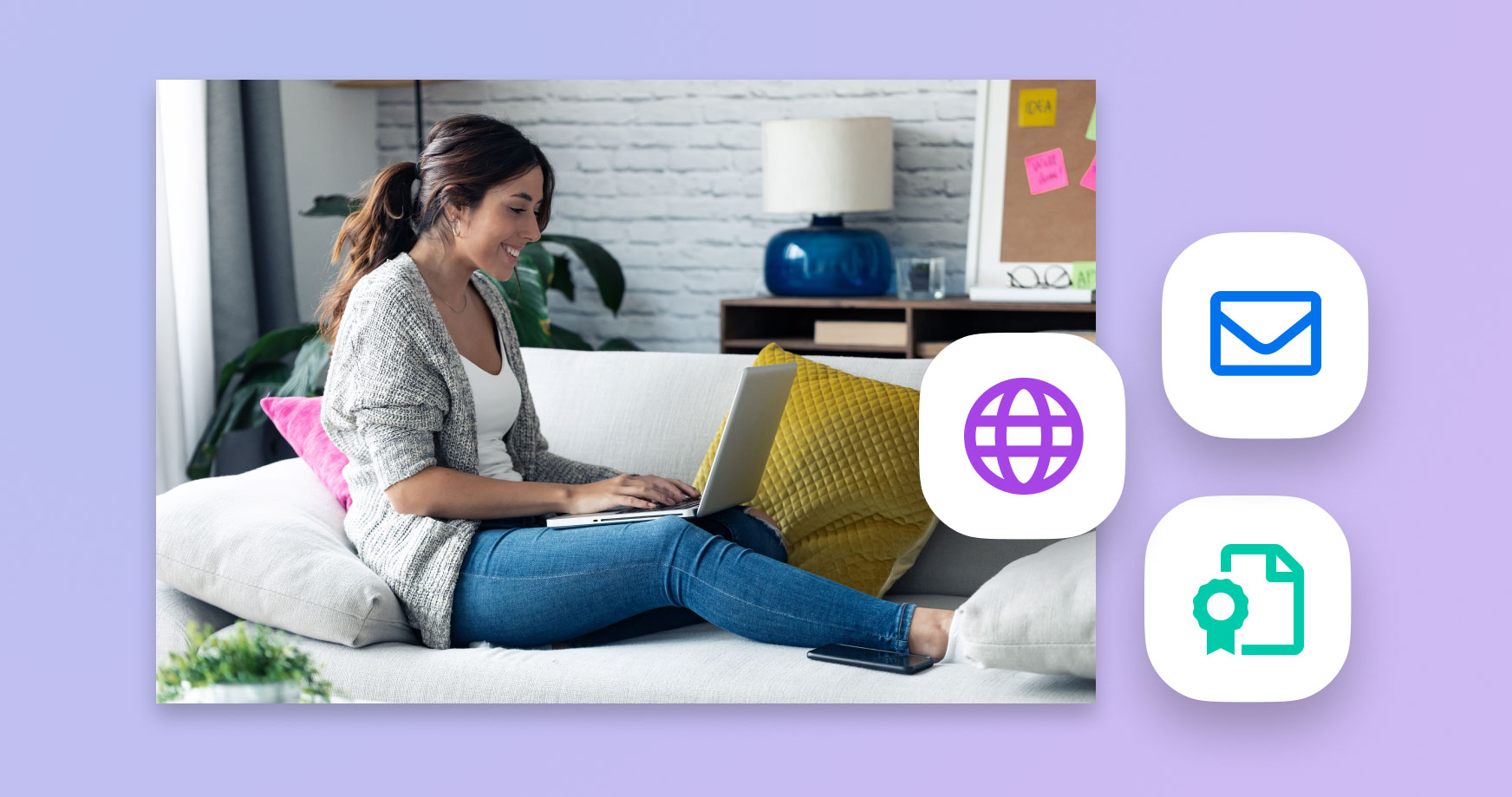 woman on laptop with email, certificate and globe icons